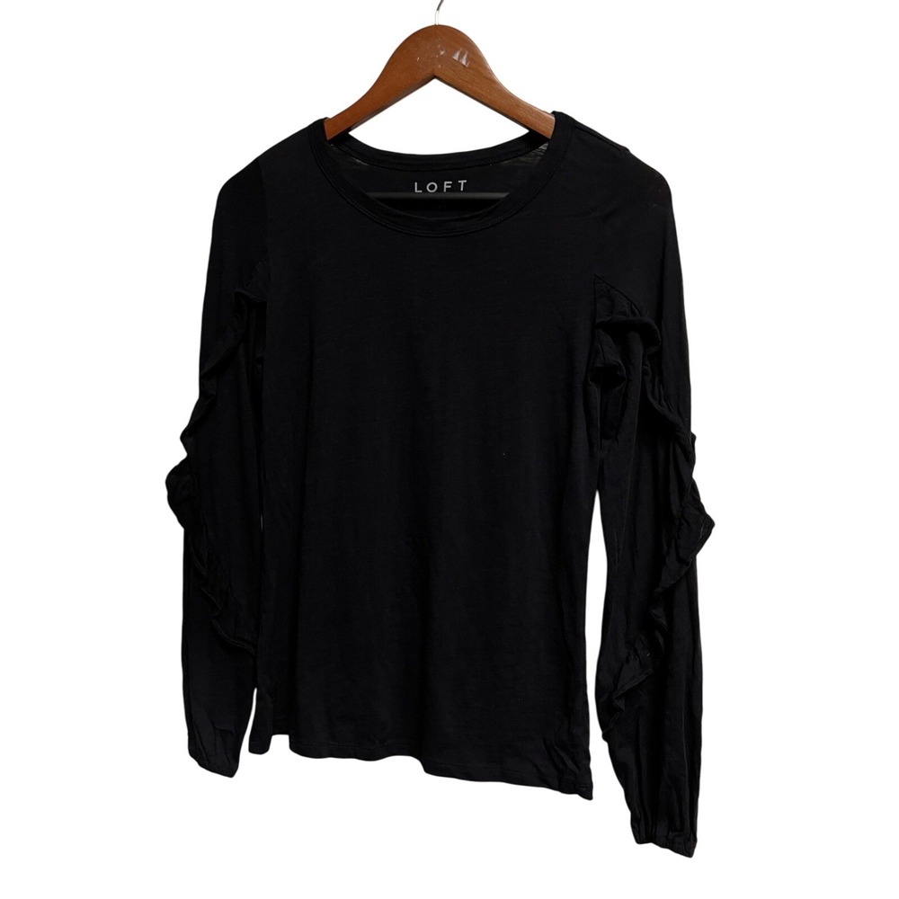 LOFT Womens Black‎ Ruffle Long Sleeve Crew Neck Slub Knit Top Size XXS